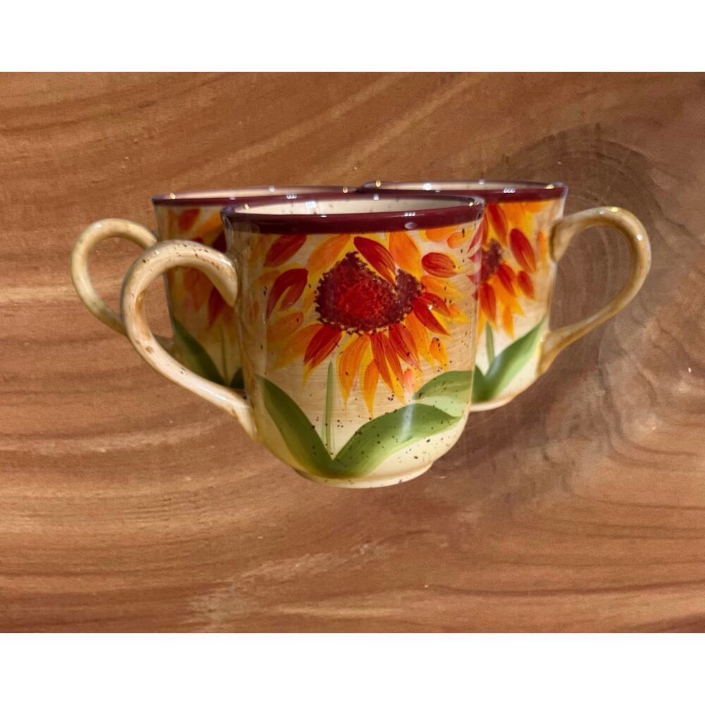 Pfaltzgraff Evening Sun Sunflower Mugs Set of Three Hand Painted